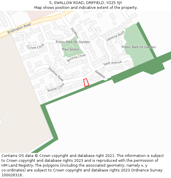 5, SWALLOW ROAD, DRIFFIELD, YO25 5JY: Location map and indicative extent of plot