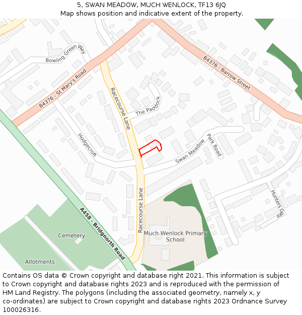 5, SWAN MEADOW, MUCH WENLOCK, TF13 6JQ: Location map and indicative extent of plot