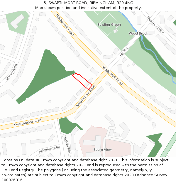 5, SWARTHMORE ROAD, BIRMINGHAM, B29 4NG: Location map and indicative extent of plot