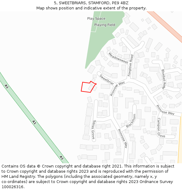 5, SWEETBRIARS, STAMFORD, PE9 4BZ: Location map and indicative extent of plot