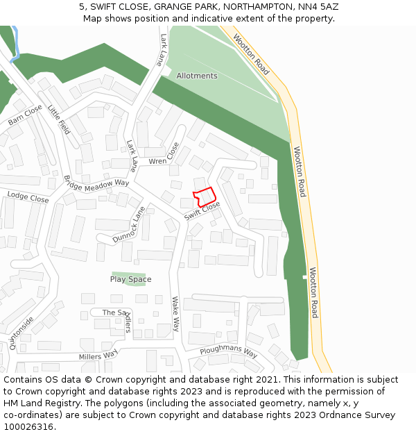5, SWIFT CLOSE, GRANGE PARK, NORTHAMPTON, NN4 5AZ: Location map and indicative extent of plot