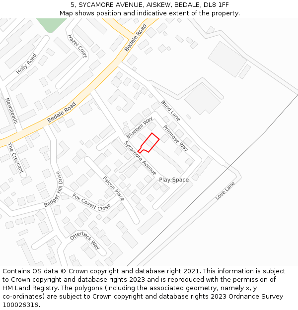 5, SYCAMORE AVENUE, AISKEW, BEDALE, DL8 1FF: Location map and indicative extent of plot