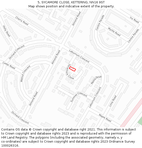 5, SYCAMORE CLOSE, KETTERING, NN16 9ST: Location map and indicative extent of plot