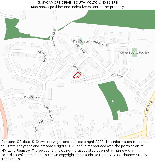 5, SYCAMORE DRIVE, SOUTH MOLTON, EX36 3FB: Location map and indicative extent of plot