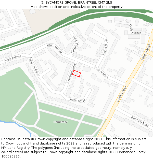 5, SYCAMORE GROVE, BRAINTREE, CM7 2LS: Location map and indicative extent of plot