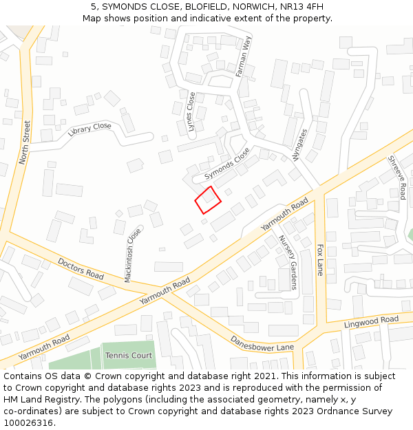 5, SYMONDS CLOSE, BLOFIELD, NORWICH, NR13 4FH: Location map and indicative extent of plot