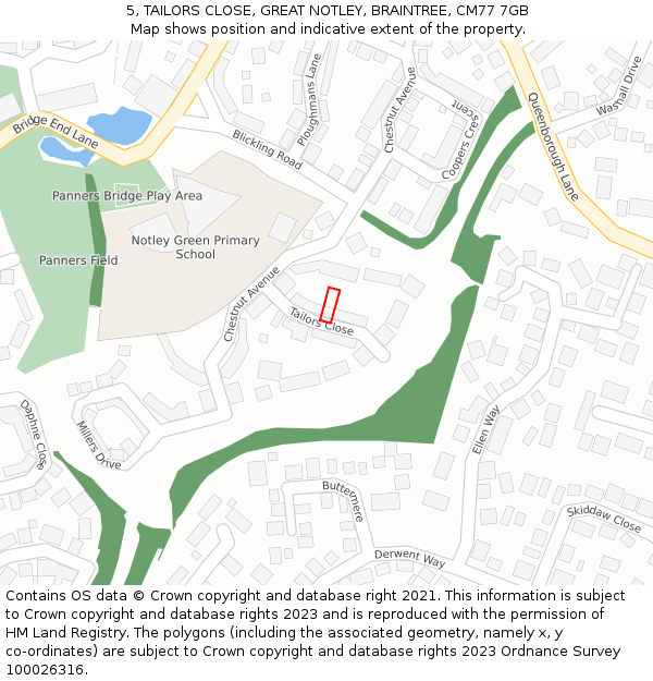 5, TAILORS CLOSE, GREAT NOTLEY, BRAINTREE, CM77 7GB: Location map and indicative extent of plot