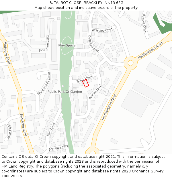 5, TALBOT CLOSE, BRACKLEY, NN13 6FG: Location map and indicative extent of plot
