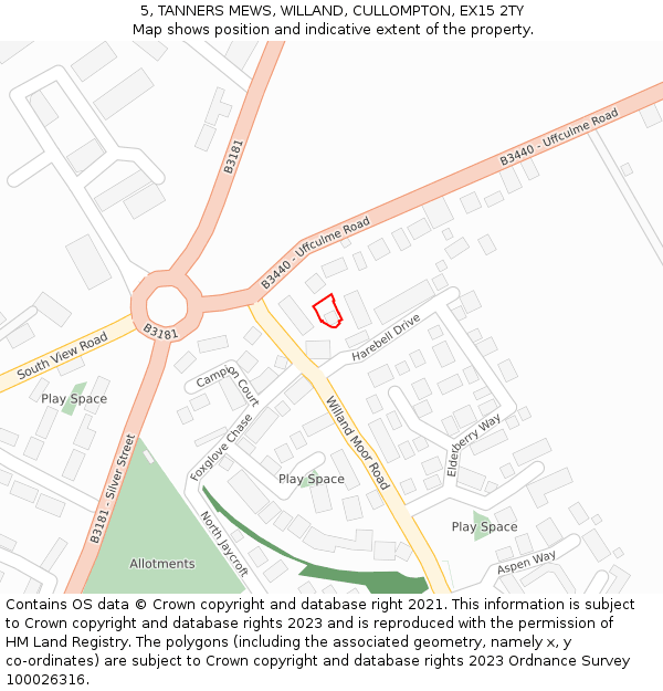 5, TANNERS MEWS, WILLAND, CULLOMPTON, EX15 2TY: Location map and indicative extent of plot