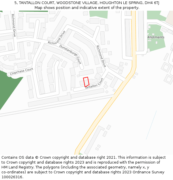 5, TANTALLON COURT, WOODSTONE VILLAGE, HOUGHTON LE SPRING, DH4 6TJ: Location map and indicative extent of plot