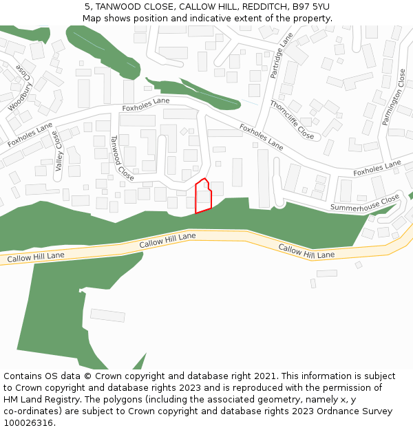 5, TANWOOD CLOSE, CALLOW HILL, REDDITCH, B97 5YU: Location map and indicative extent of plot