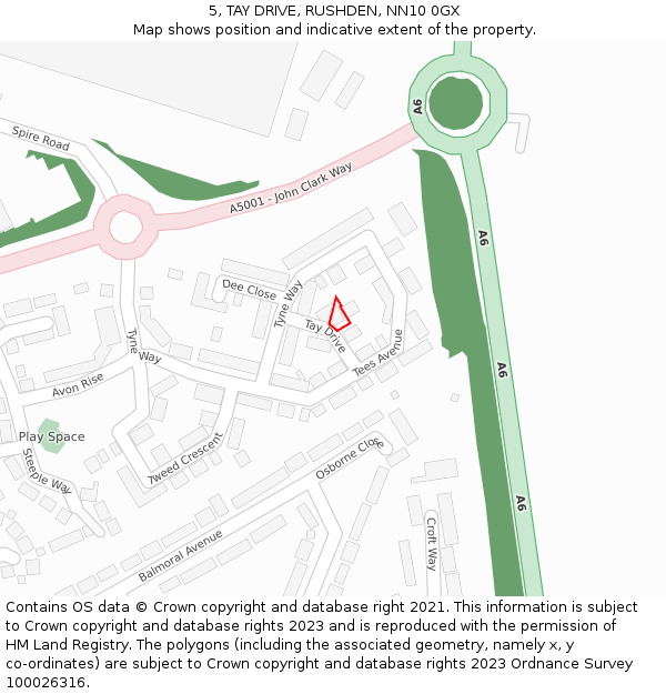 5, TAY DRIVE, RUSHDEN, NN10 0GX: Location map and indicative extent of plot