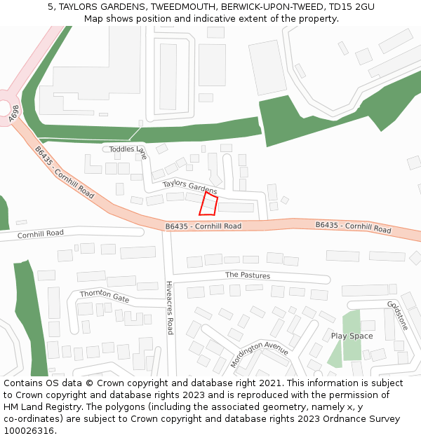 5, TAYLORS GARDENS, TWEEDMOUTH, BERWICK-UPON-TWEED, TD15 2GU: Location map and indicative extent of plot