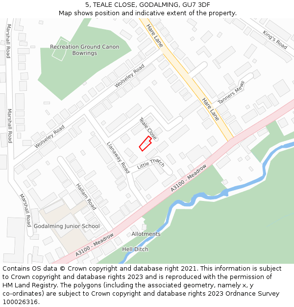 5, TEALE CLOSE, GODALMING, GU7 3DF: Location map and indicative extent of plot