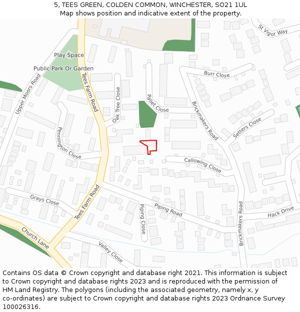 5, TEES GREEN, COLDEN COMMON, WINCHESTER, SO21 1UL: Location map and indicative extent of plot
