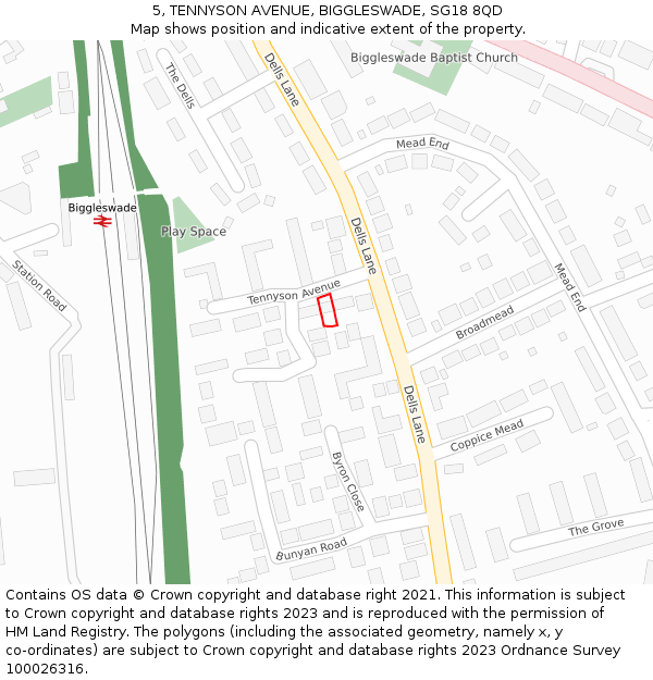 5, TENNYSON AVENUE, BIGGLESWADE, SG18 8QD: Location map and indicative extent of plot