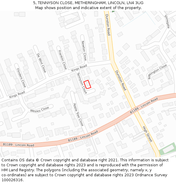 5, TENNYSON CLOSE, METHERINGHAM, LINCOLN, LN4 3UG: Location map and indicative extent of plot