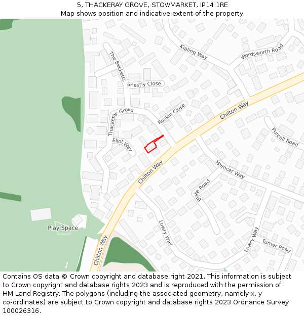 5, THACKERAY GROVE, STOWMARKET, IP14 1RE: Location map and indicative extent of plot