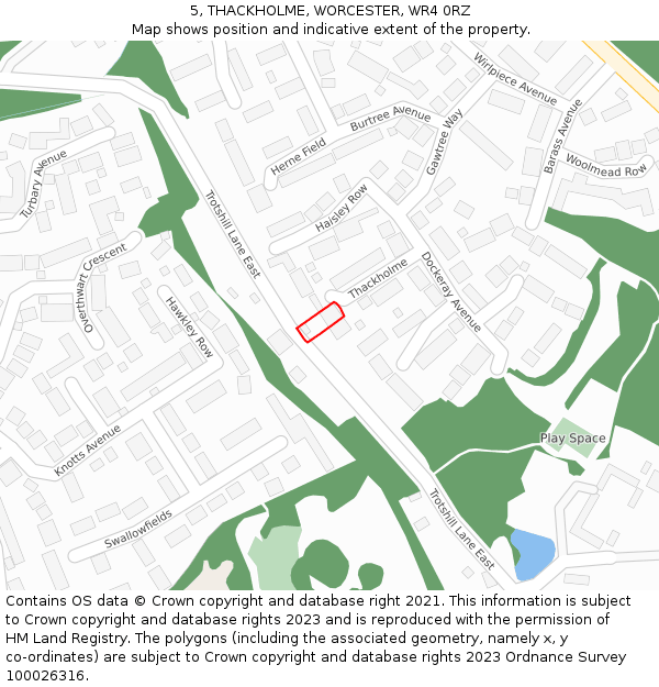 5, THACKHOLME, WORCESTER, WR4 0RZ: Location map and indicative extent of plot