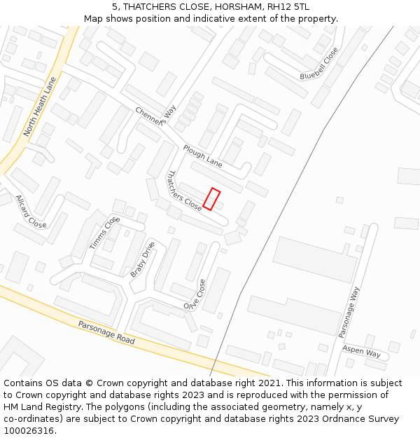 5, THATCHERS CLOSE, HORSHAM, RH12 5TL: Location map and indicative extent of plot