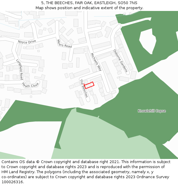 5, THE BEECHES, FAIR OAK, EASTLEIGH, SO50 7NS: Location map and indicative extent of plot