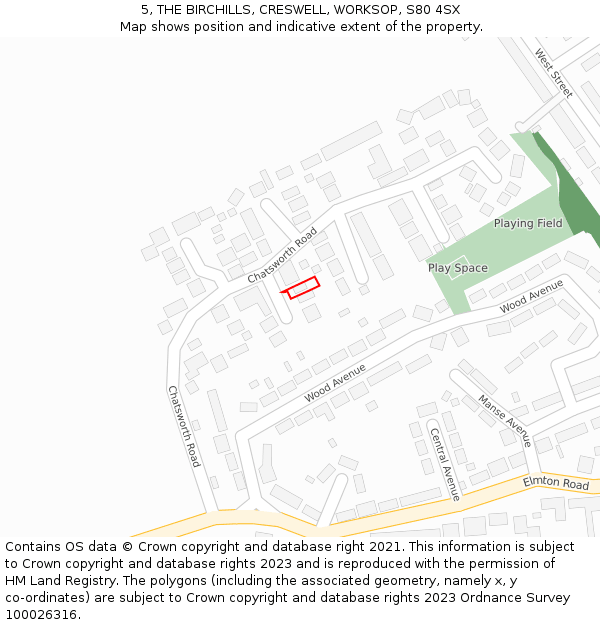 5, THE BIRCHILLS, CRESWELL, WORKSOP, S80 4SX: Location map and indicative extent of plot
