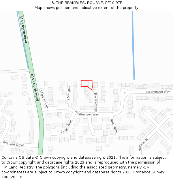 5, THE BRAMBLES, BOURNE, PE10 9TF: Location map and indicative extent of plot