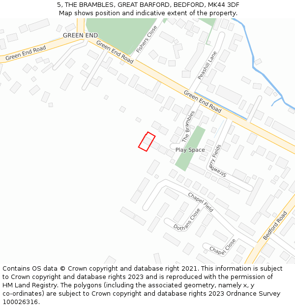 5, THE BRAMBLES, GREAT BARFORD, BEDFORD, MK44 3DF: Location map and indicative extent of plot