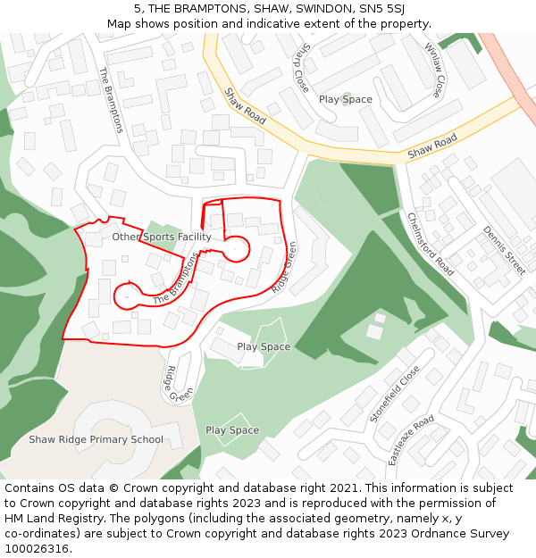 5, THE BRAMPTONS, SHAW, SWINDON, SN5 5SJ: Location map and indicative extent of plot