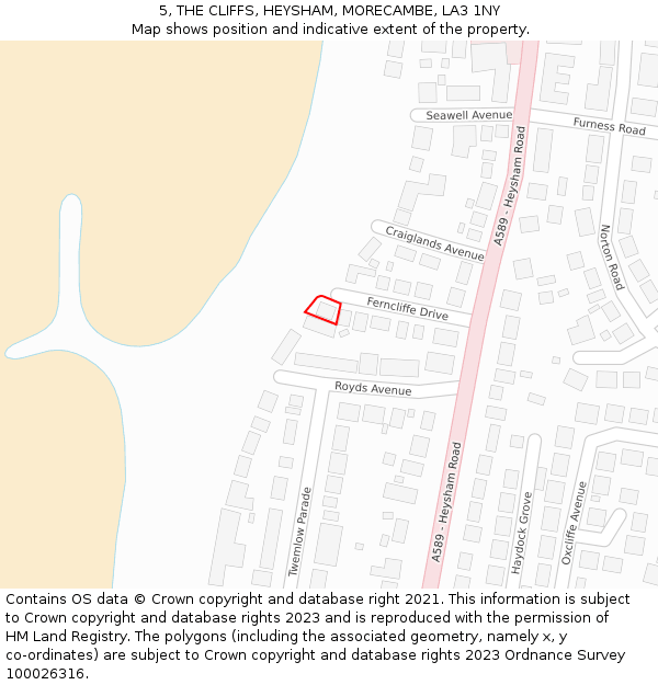 5, THE CLIFFS, HEYSHAM, MORECAMBE, LA3 1NY: Location map and indicative extent of plot