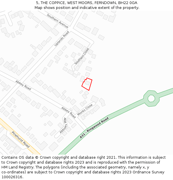 5, THE COPPICE, WEST MOORS, FERNDOWN, BH22 0GA: Location map and indicative extent of plot