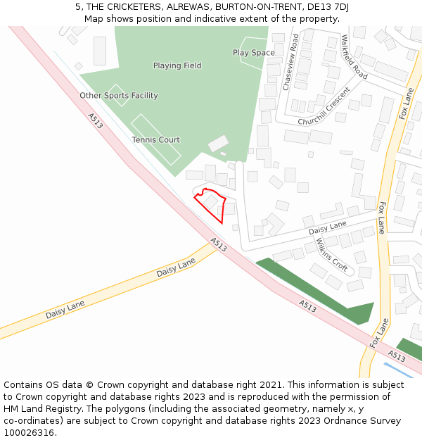 5, THE CRICKETERS, ALREWAS, BURTON-ON-TRENT, DE13 7DJ: Location map and indicative extent of plot