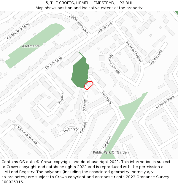 5, THE CROFTS, HEMEL HEMPSTEAD, HP3 8HL: Location map and indicative extent of plot