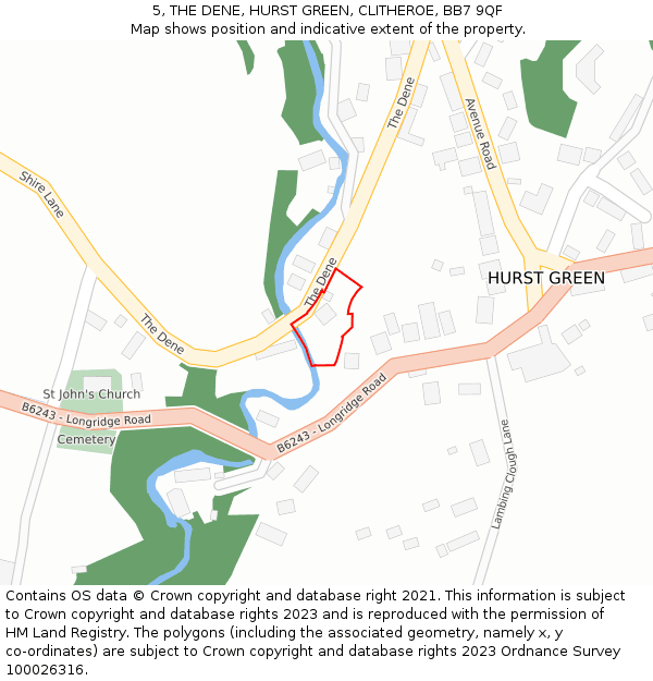 5, THE DENE, HURST GREEN, CLITHEROE, BB7 9QF: Location map and indicative extent of plot