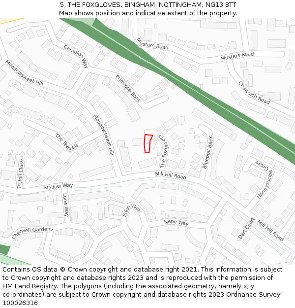 5, THE FOXGLOVES, BINGHAM, NOTTINGHAM, NG13 8TT: Location map and indicative extent of plot