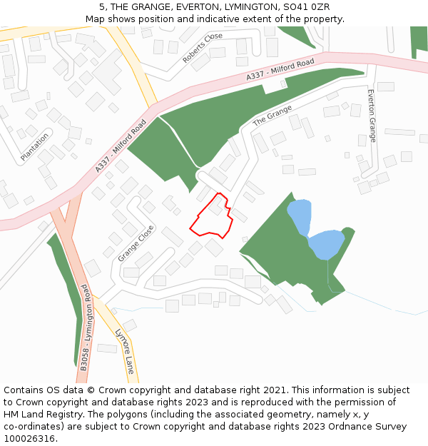 5, THE GRANGE, EVERTON, LYMINGTON, SO41 0ZR: Location map and indicative extent of plot