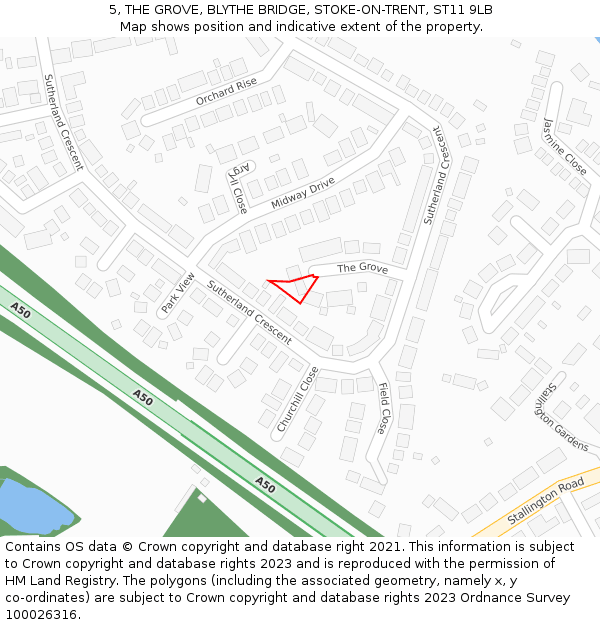 5, THE GROVE, BLYTHE BRIDGE, STOKE-ON-TRENT, ST11 9LB: Location map and indicative extent of plot