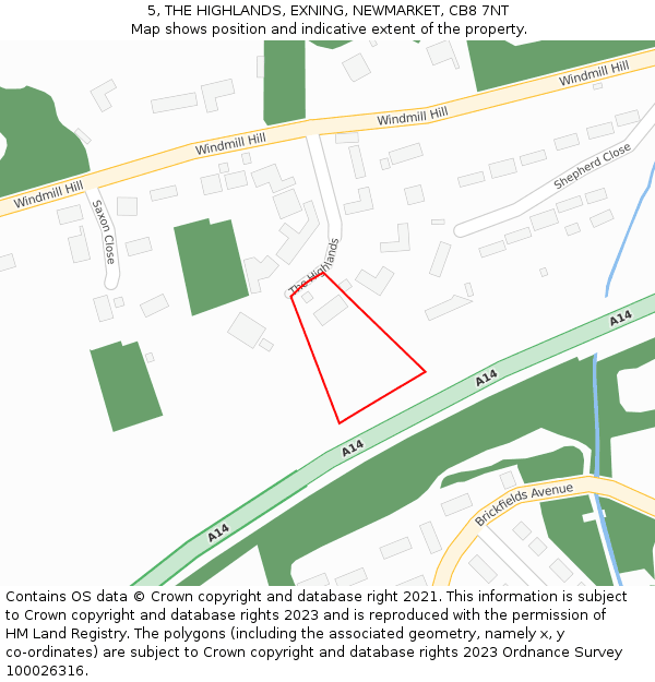5, THE HIGHLANDS, EXNING, NEWMARKET, CB8 7NT: Location map and indicative extent of plot