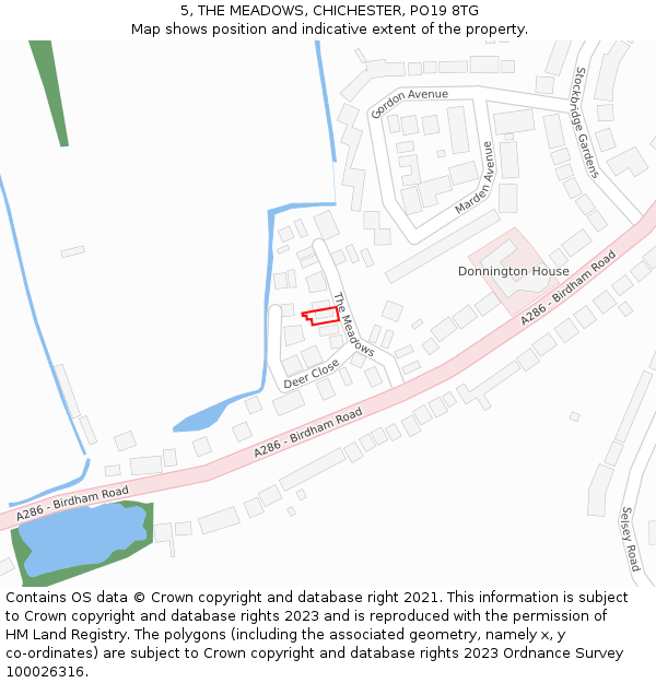 5, THE MEADOWS, CHICHESTER, PO19 8TG: Location map and indicative extent of plot