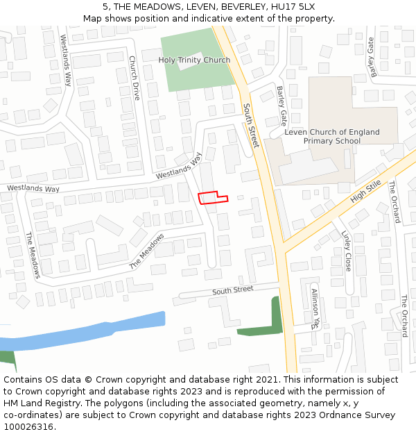 5, THE MEADOWS, LEVEN, BEVERLEY, HU17 5LX: Location map and indicative extent of plot