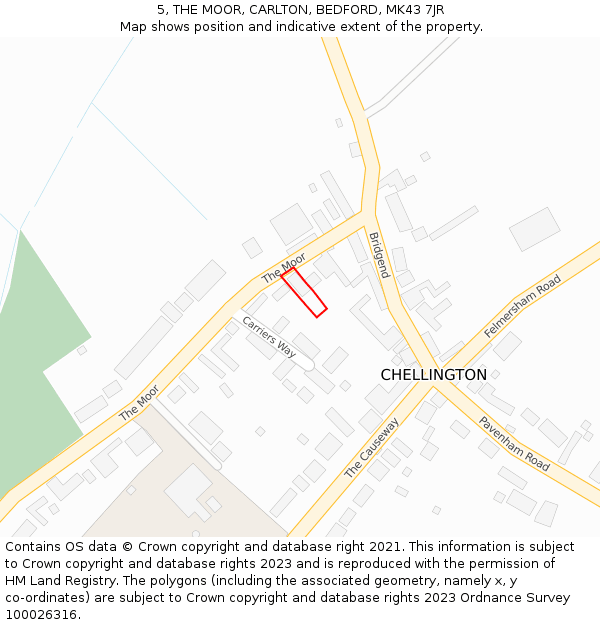 5, THE MOOR, CARLTON, BEDFORD, MK43 7JR: Location map and indicative extent of plot