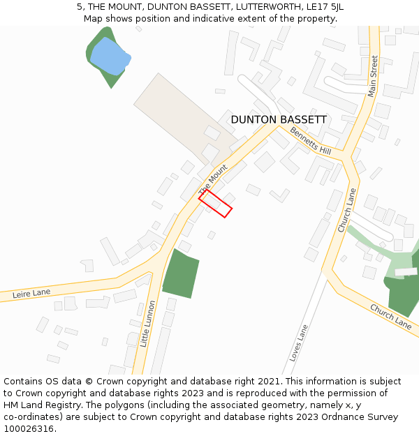 5, THE MOUNT, DUNTON BASSETT, LUTTERWORTH, LE17 5JL: Location map and indicative extent of plot