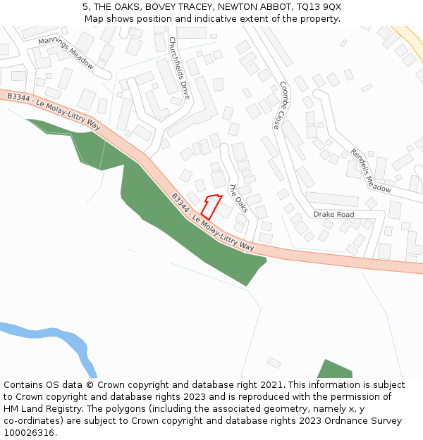 5, THE OAKS, BOVEY TRACEY, NEWTON ABBOT, TQ13 9QX: Location map and indicative extent of plot