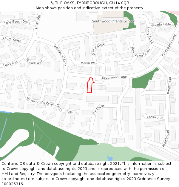 5, THE OAKS, FARNBOROUGH, GU14 0QB: Location map and indicative extent of plot