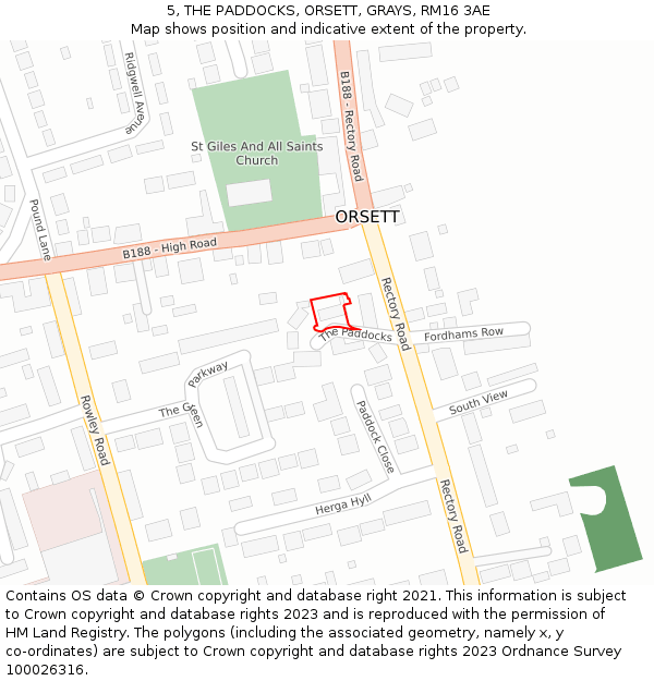 5, THE PADDOCKS, ORSETT, GRAYS, RM16 3AE: Location map and indicative extent of plot