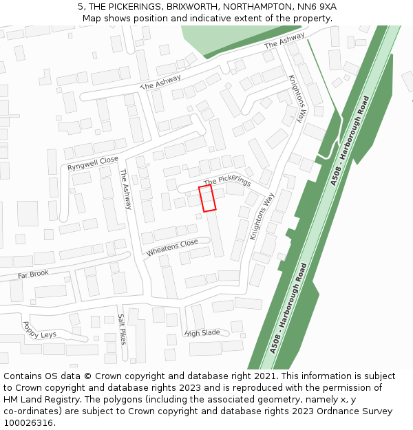5, THE PICKERINGS, BRIXWORTH, NORTHAMPTON, NN6 9XA: Location map and indicative extent of plot