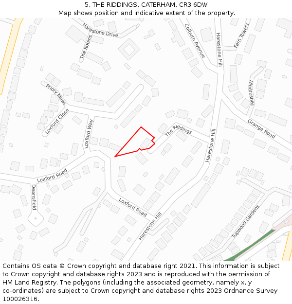 5, THE RIDDINGS, CATERHAM, CR3 6DW: Location map and indicative extent of plot