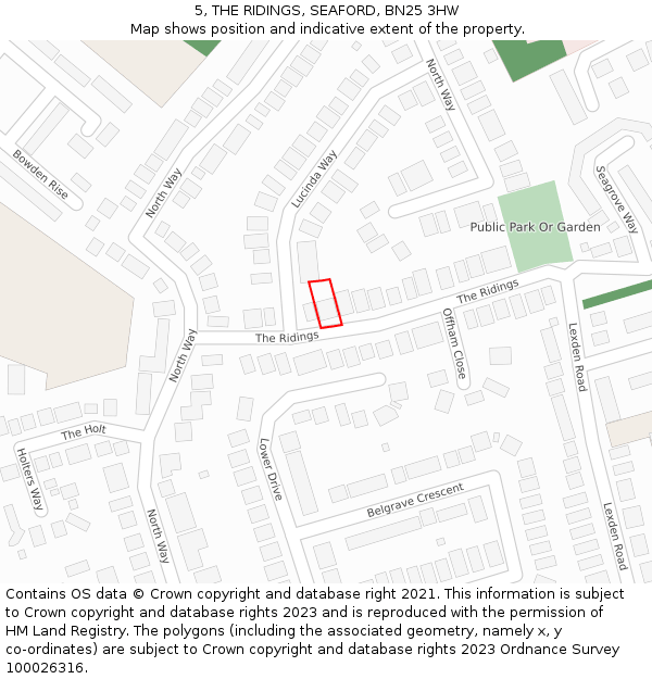 5, THE RIDINGS, SEAFORD, BN25 3HW: Location map and indicative extent of plot