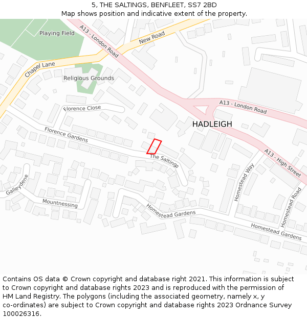 5, THE SALTINGS, BENFLEET, SS7 2BD: Location map and indicative extent of plot