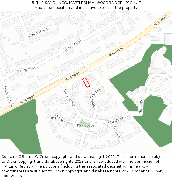 5, THE SANDLINGS, MARTLESHAM, WOODBRIDGE, IP12 4UE: Location map and indicative extent of plot